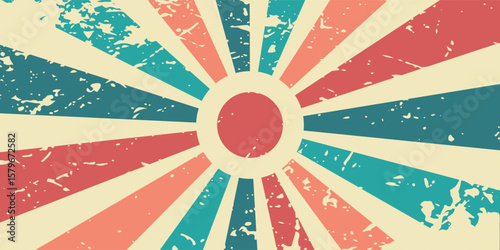 Retro sunburst background. 70s old fashioned colorful radiate lines banner. Vintage striped backdrop with a sun. Bright groovy poster or placard. Graphic design wallpaper element. Vector illustration