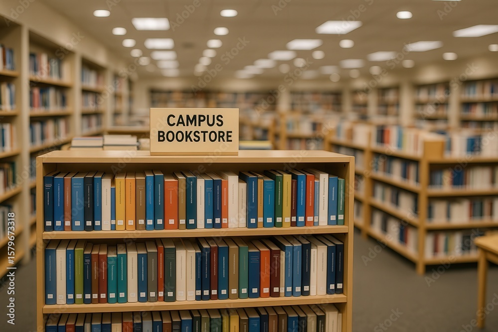 Fototapeta premium Campus Bookstore Interior Featuring Shelves of Colorful Books in a Busy Academic Environment for Educational and Library Settings