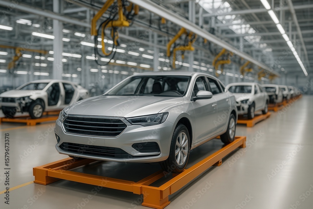 Obraz premium Modern Car Manufacturing Assembly Line with Robotic Arms and New Vehicles in Production Facility