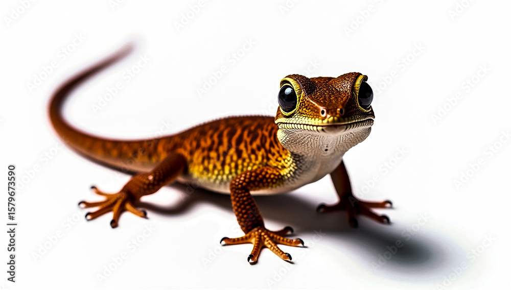 Fototapeta premium A vibrant orange gecko with large black eyes and intricate patterned skin poses on a clean white background