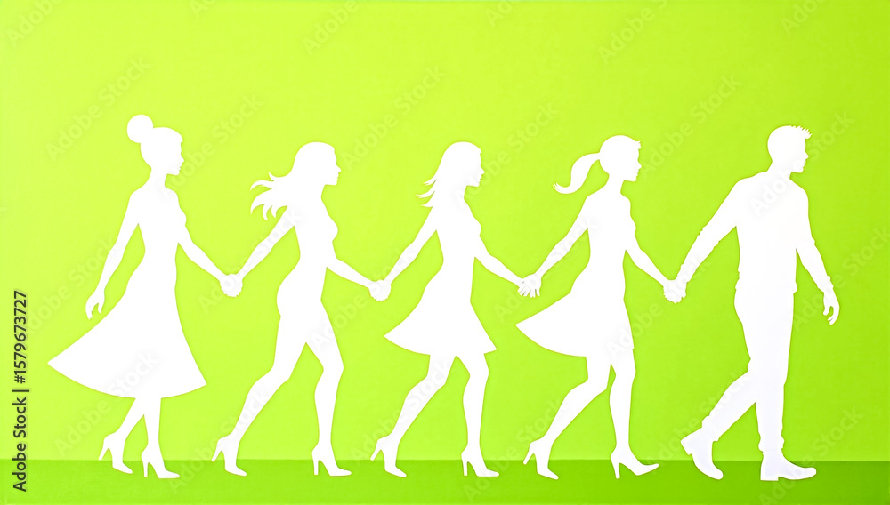 Fototapeta premium Diverse group of people holding hands and walking forward together in silhouette against a bright green background