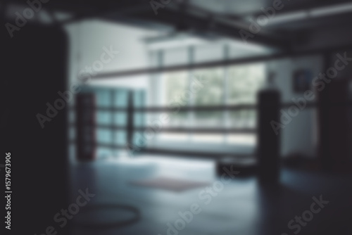 Blurry photo of a boxing training ground, showing the atmosphere of a boxing training room with complete equipment, blurry wallpaper.