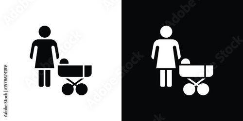Schilderij op canvas Woman with Baby Stroller icon Flat Solid Style in black and white colors