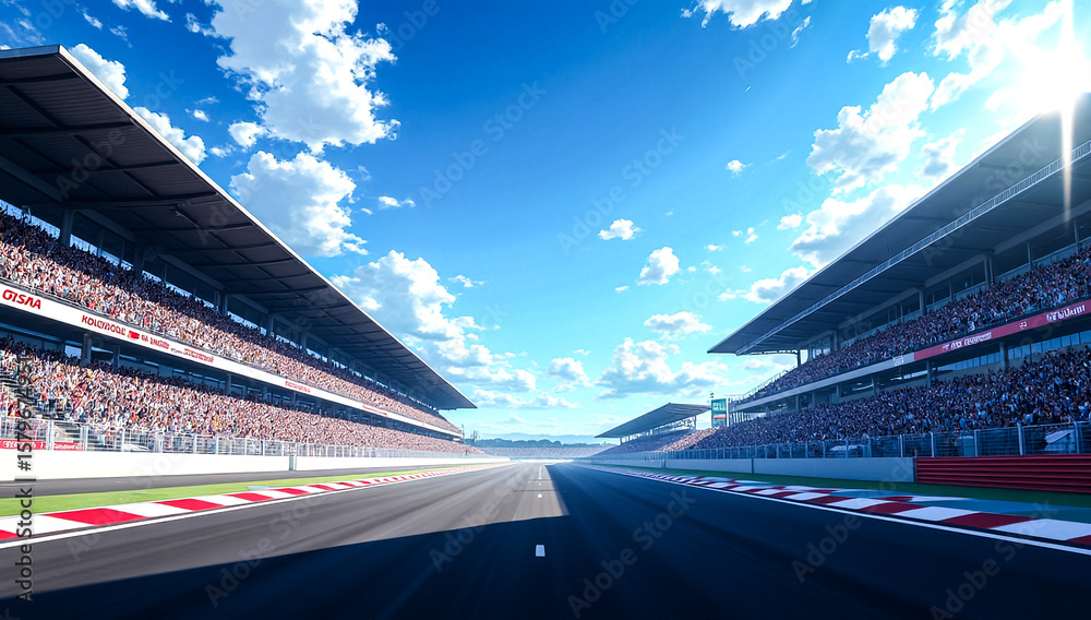 Fototapeta premium A sun drenched racing circuit with grandstands filled with spectators under a bright blue sky with fluffy clouds