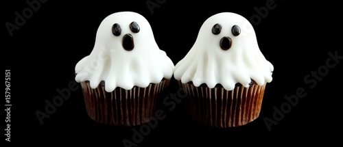 Adorable Halloween ghost cupcakes, beautifully decorated and ready to delight guests at a festive Halloween party.