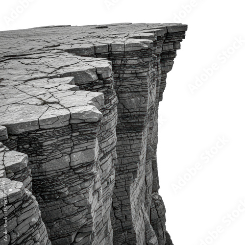 A gray stone cliff edge with horizontal layers and cracks. Good for backgrounds, composites, and designs.