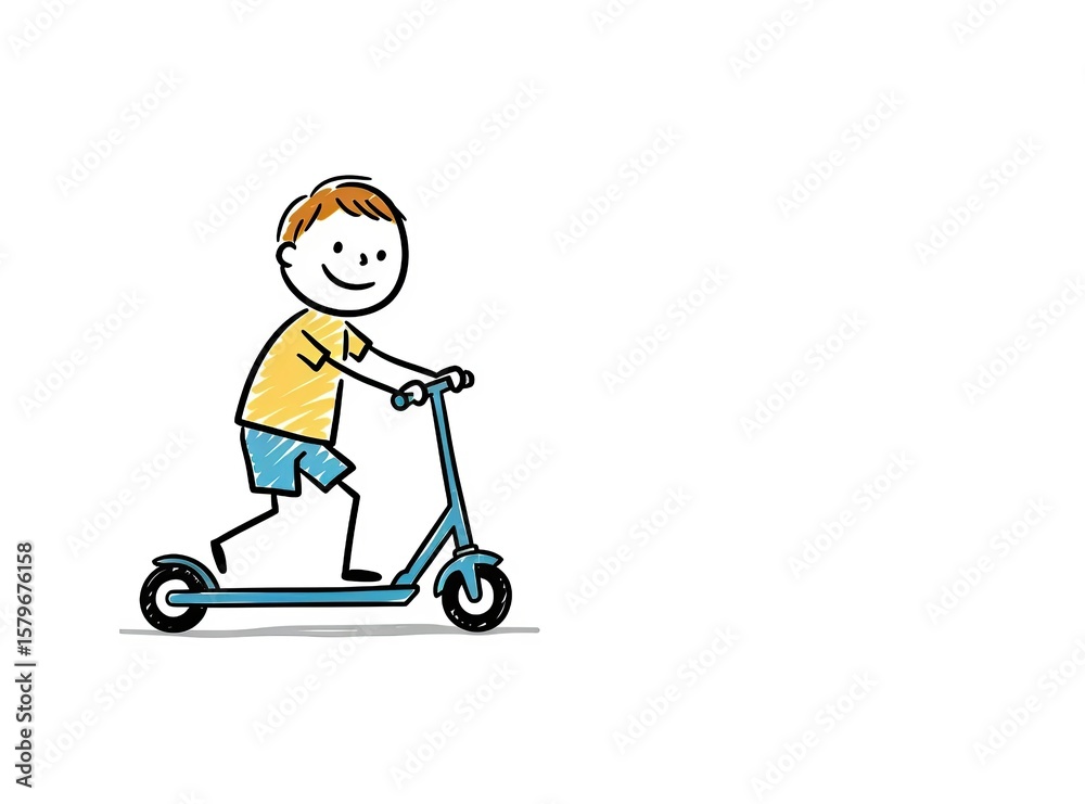 Young boy riding a scooter with a joyful expression in a simple style Young boy riding a scooter with a joyful expression in a simple style