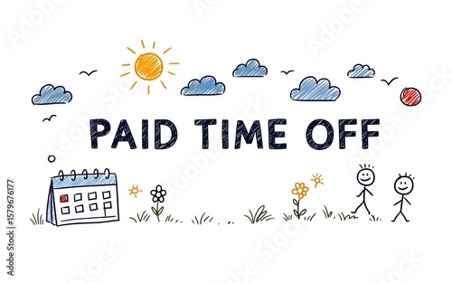 Hand-drawn illustration of paid time off with calendar and stick figures  