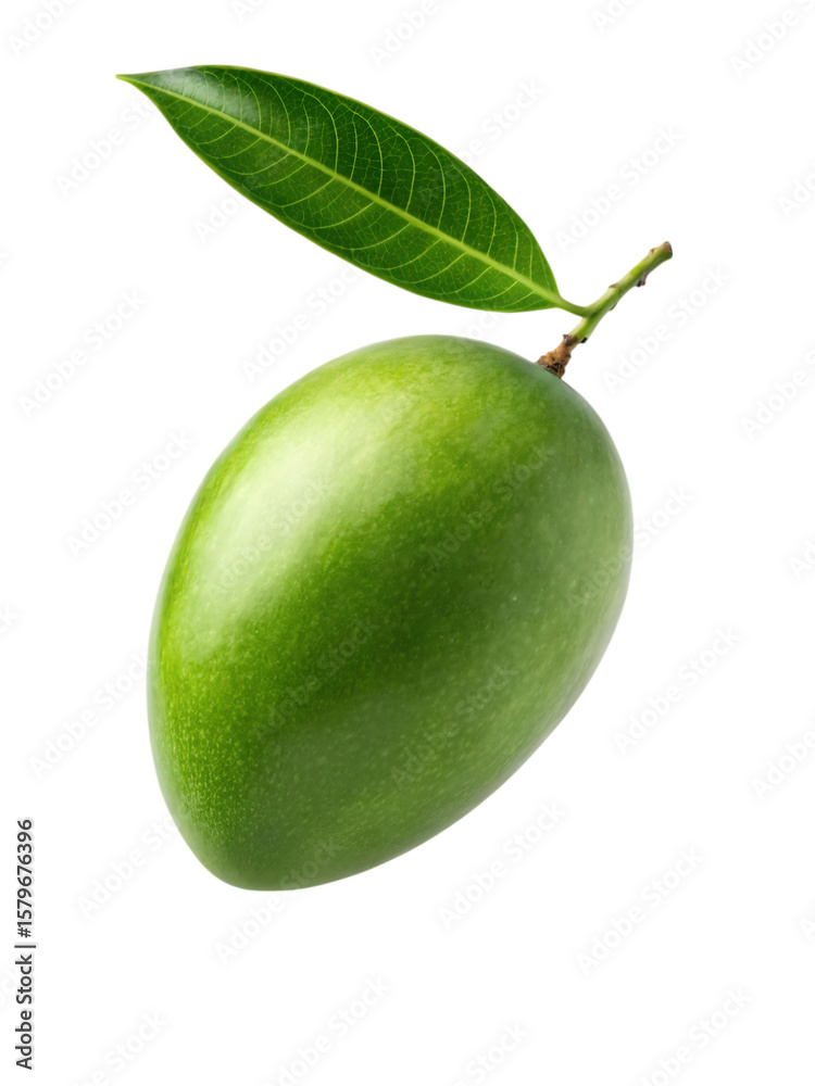 Obraz premium A vibrant green mango fruit with a single leaf presented against a stark black backdrop highlighting its fresh natural appeal.