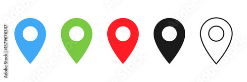 location icon, map pin icons in outline, black, and red styles. for maps, GPS, navigation apps, location markers, address indications, and geolocation interfaces	