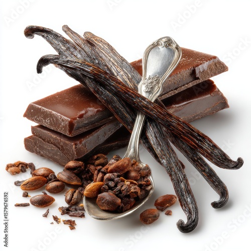 Gourmet Still Life: Dark Chocolate Blocks, Vanilla Beans, and Cocoa Nibs in Antique Silver Spoon on White Background, High Angle Close Up View for Confectionery and Baking Concepts