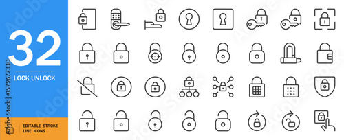 Lock unlock icon set. Minimal outline security vector icons. Includes lock patterns, keys, digital streams for cybersecurity, protection, privacy, safety and more. Editable stroke.