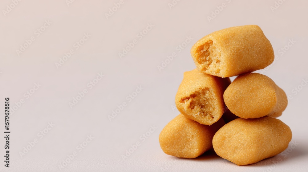 Fototapeta premium Close-up of Stacked Peanut Chews on a Light Background with Copy Space, Delicious and Sweet Confectionery, Perfect for Snack Time, High-Quality Image for Food Blogs and Marketing Materials