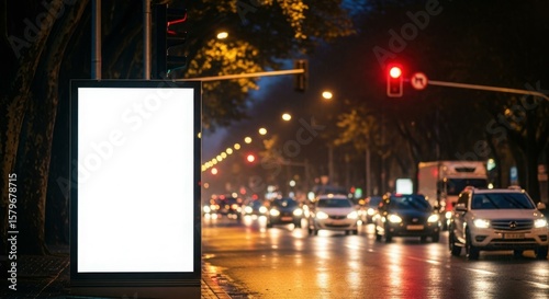 Illuminated blank billboard stands beside a busy city street at night, with cars and traffic lights blurred in the background.