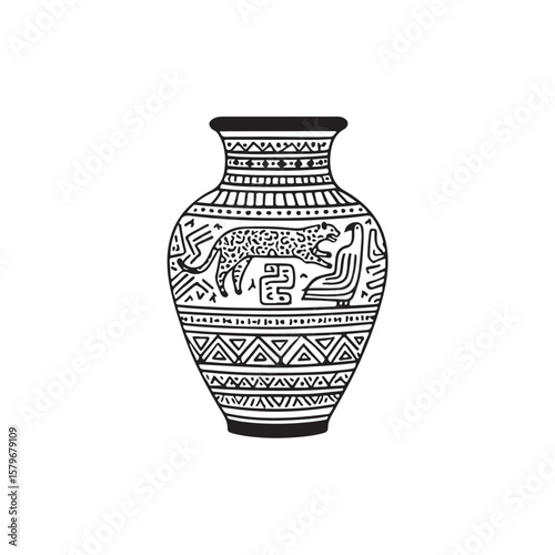 Black and White Line Art Ancient Greek Style Vase with Jaguar and Bird Design Geometric
