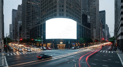 Urban scene featuring a large blank billboard in a city center, surrounded by buildings and blurred light trails from traffic.