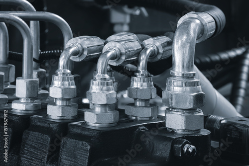 group of metal tubes are connected to each other as part of a high-pressure hydraulic machine blue tone