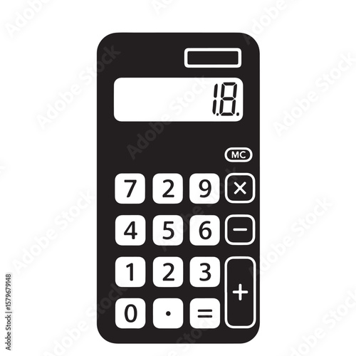 Black and White Simple Calculator Icon Digital Display Number Buttons Math Tool Arithmetic