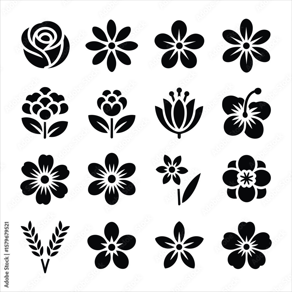 Obraz premium Minimal Flower Icons Set -18 Black Line Vectors