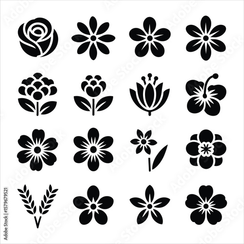 Minimal Flower Icons Set -18 Black Line Vectors
