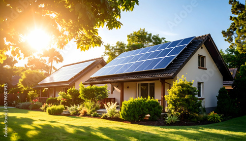 Two Houses with Solar Panels on Rooftops under a Sunny Sky