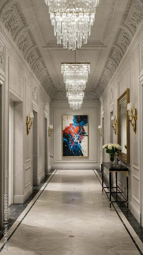 Luxurious hallway with crystal chandeliers and marble floor. Elegant ...