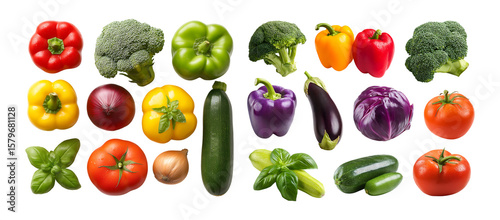 Set of fresh vegetables, including red bell pepper, green, yellow, and orange bell peppers, broccoli, tomatoes, onion, zucchini, and basil isolated on a transparent background