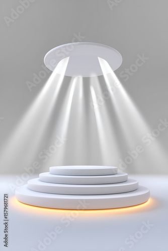 A pristine white podium is bathed in spotlights, ready to showcase a product or presentation in a modern and minimalist setting