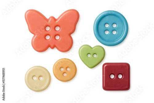 Colorful sewing buttons scattered, displaying diverse shapes and hues against transparent backdrop, highlighting crafting potential