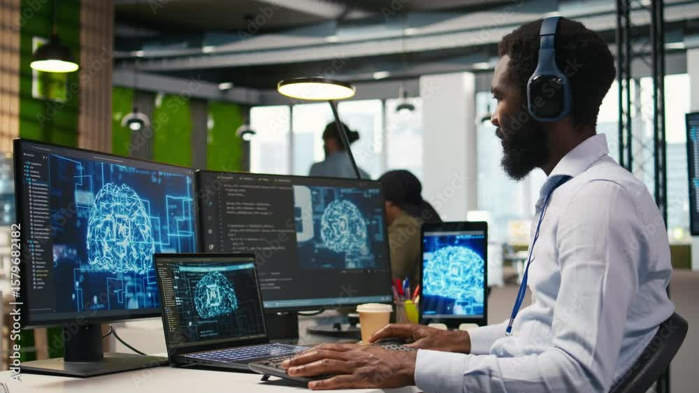 Computer scientist in office integrating AI machine learning systems to streamline workflows, earing headphones. African american man uses artificial intelligence on devices, listening music, camera A
