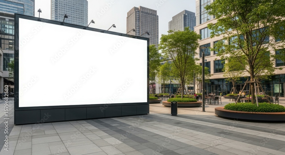 Obraz premium Large blank billboard stands in a modern urban square, awaiting advertisement content.