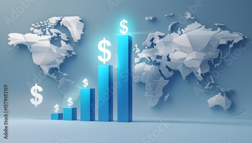 Global Finance Growth: Ascending Blue Bar Chart with Dollar Symbols, Modern Low-Poly World Map