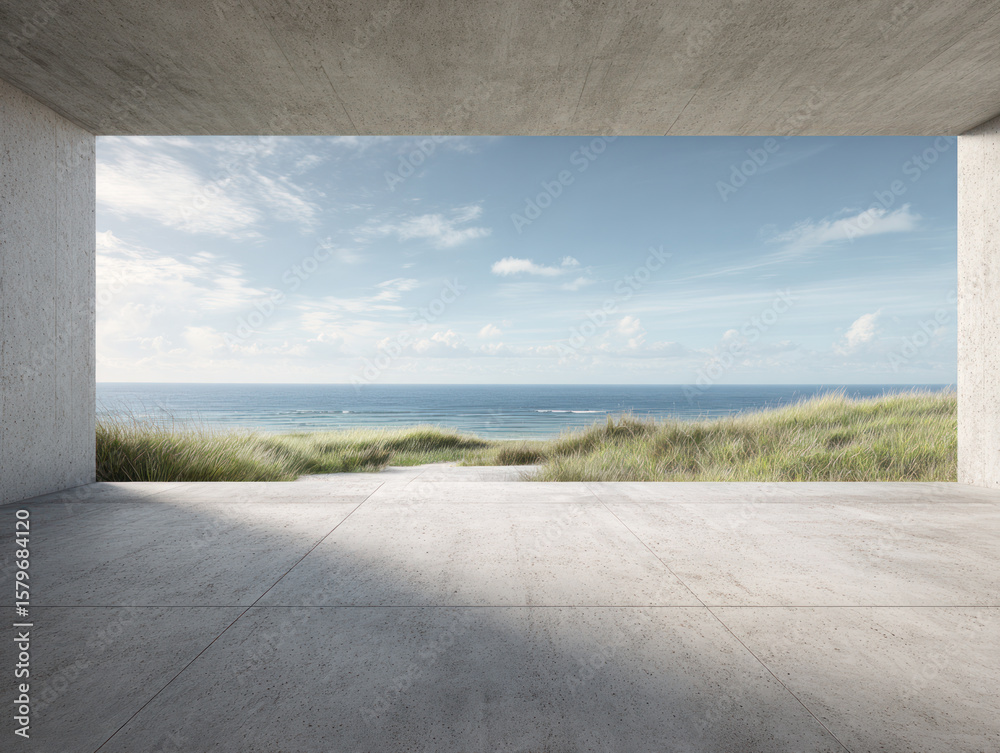 Fototapeta premium Concrete room with a view of the sea and blue sky