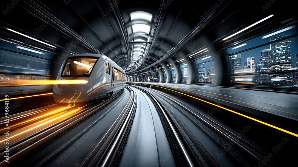 Fototapeta premium Futuristic high-speed train in motion through modern tunnel with city lights