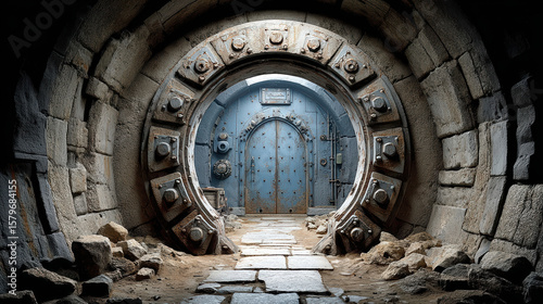 Ancient stone tunnel with rusty metal vault door leading to underground chamber in abandoned facility, bunker and apocalypse concept