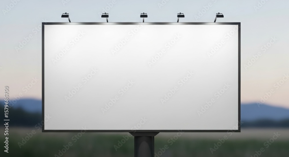 Obraz premium A blank billboard stands prominently against a blurred landscape background at dusk.