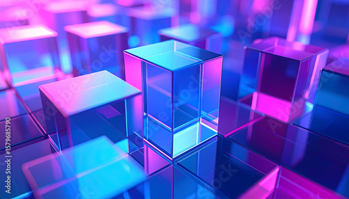 Abstract 3D Rendering of Glowing Pink and Blue Cubes