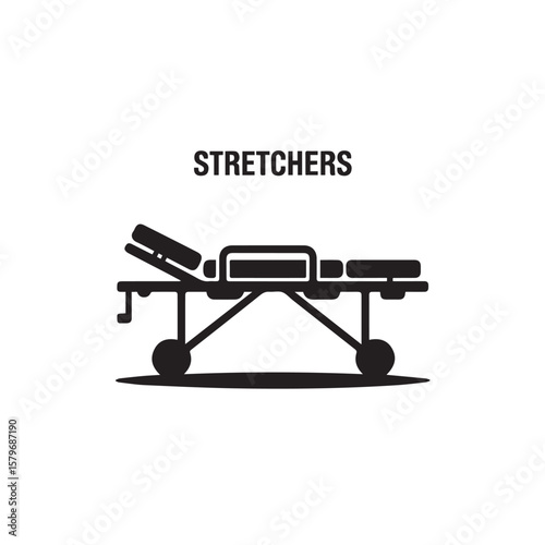 A black silhouette of a medical stretcher with adjustable headrest and wheels, isolated on a white background