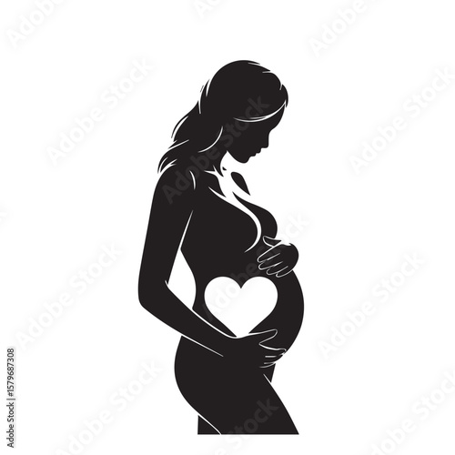 A black silhouette of a pregnant woman cradling her belly, which features a white heart shape, symbolizing love and new life