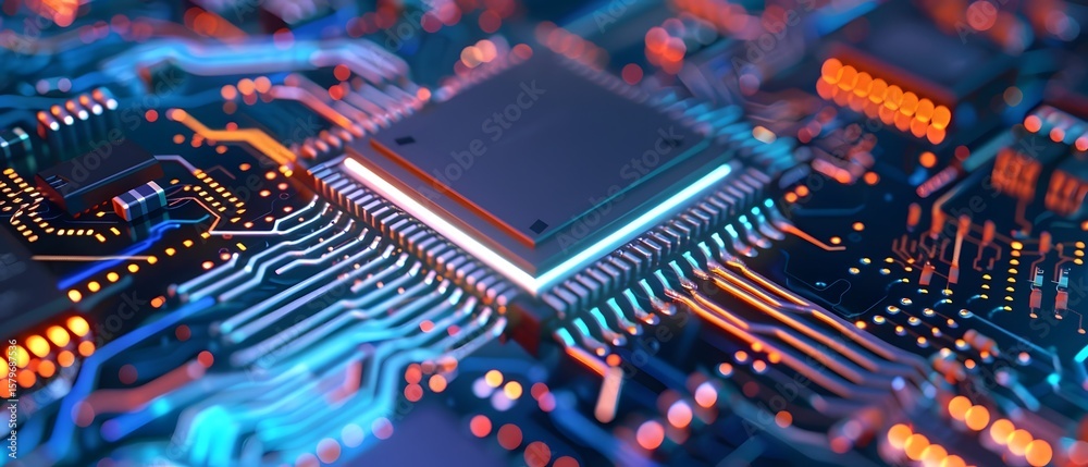 High-Tech Circuit Board with Illuminated Processor High-Tech Circuit Board with Illuminated Processor