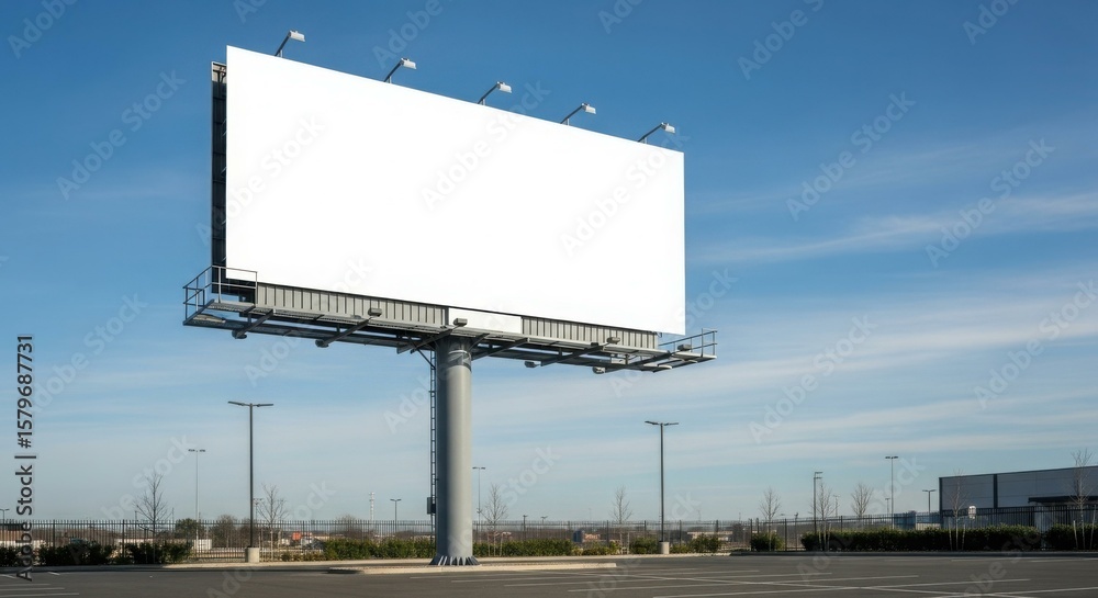 Fototapeta premium A tall, blank billboard stands against a clear, bright blue sky, ready for advertising.