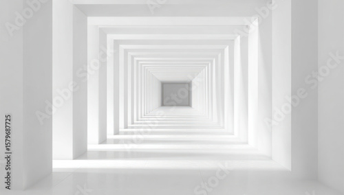 A long white corridor with multiple rectangular frames creating a sense of depth