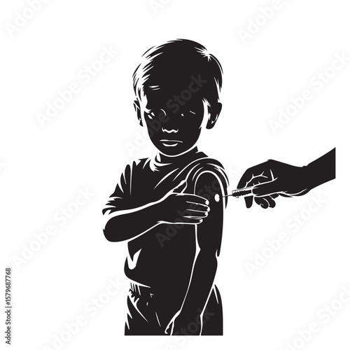 A childs silhouette receiving an injection in the arm from a medical professionals hand holding a syringe