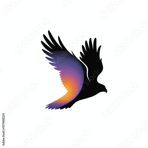 A majestic black eagle silhouette with vibrant purple and orange gradient wings soars through the sky, symbolizing freedom and power