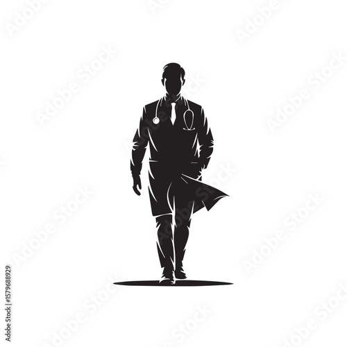 A silhouette of a doctor in a lab coat with a stethoscope, walking confidently, symbolizing healthcare and medical expertise