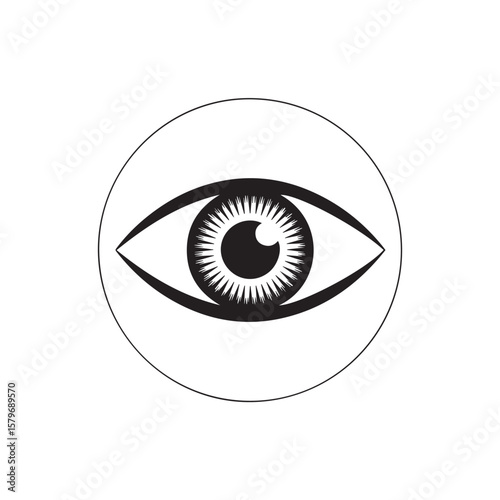 A stylized black and white illustration of an eye within a circle, symbolizing vision and perception