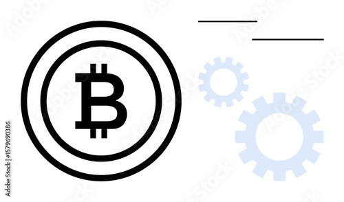 Central Bitcoin coin symbol encircled, accompanied by gear icons and simple lines. Ideal for blockchain, cryptocurrency, fintech, digital innovation, data processing, technical operations, and simple