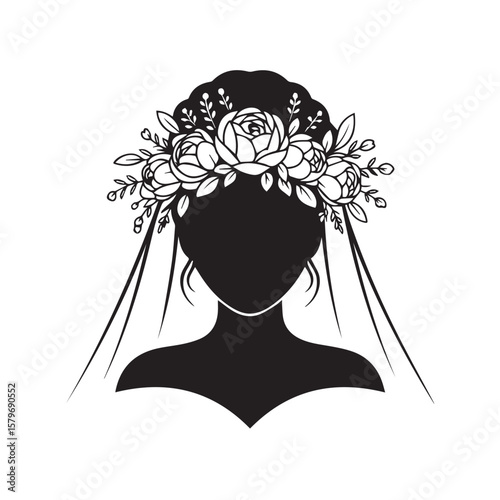 Silhouette of a bride with a floral headpiece and veil, isolated on a white background