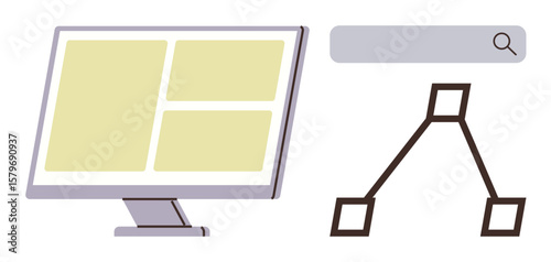 Computer monitor displaying data panels, search bar, and hierarchical flow diagram. Ideal for workflow, data organization, systems management, analytics, technology processes, research simple flat