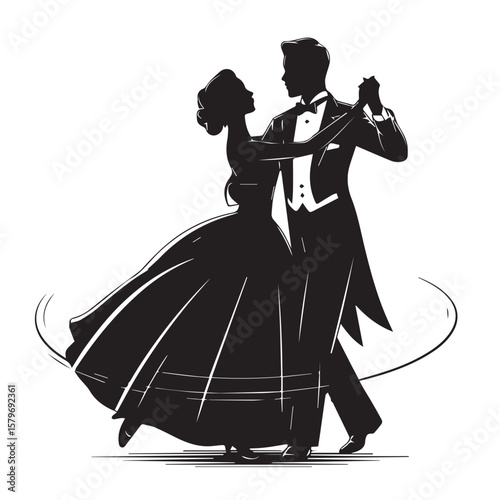 Elegant silhouette of a couple dancing the waltz in formal attire with a swirling motion